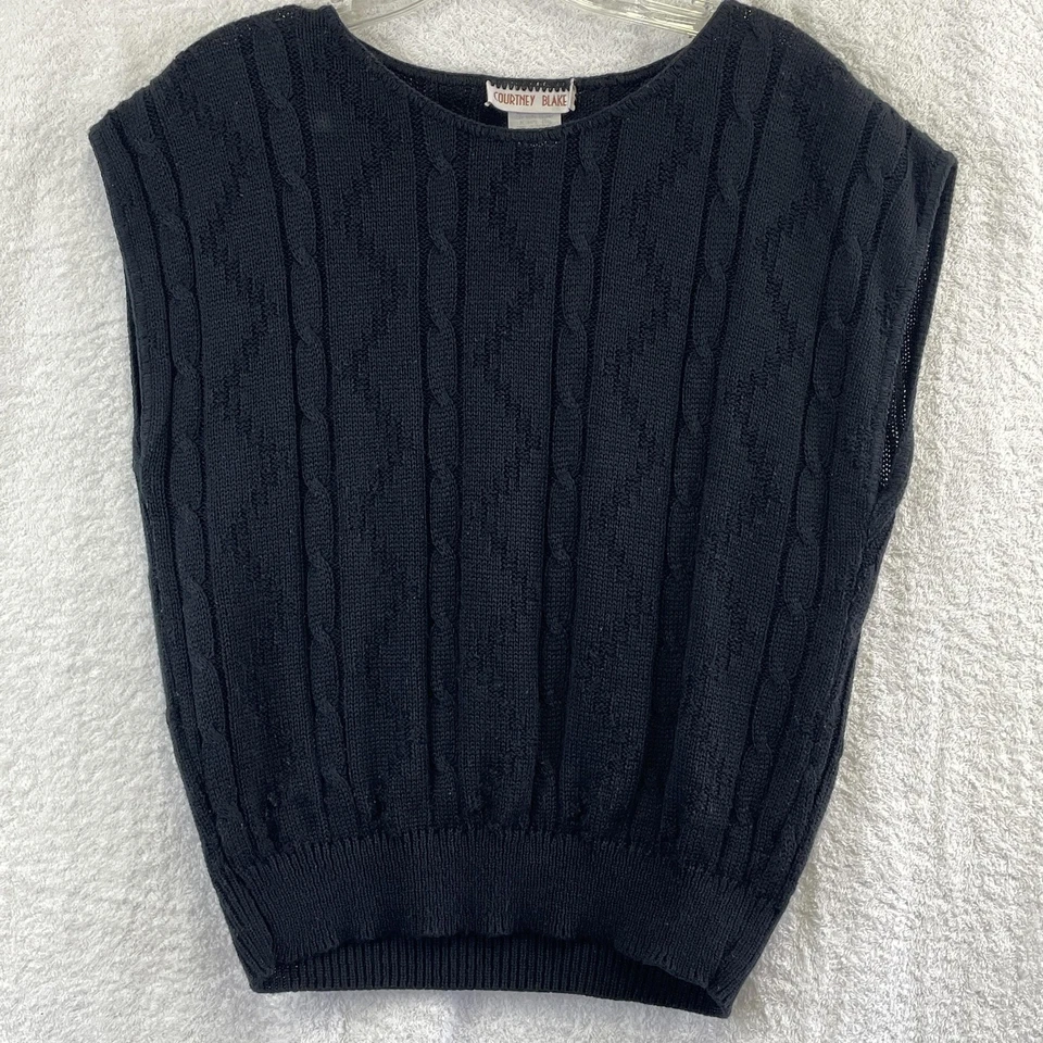 Chaleco Suéter Courtney Blake Mujer Medio Negro Tejido con Cable Cuello Redondo Hecho en EE. UU. Foto 1 de 4