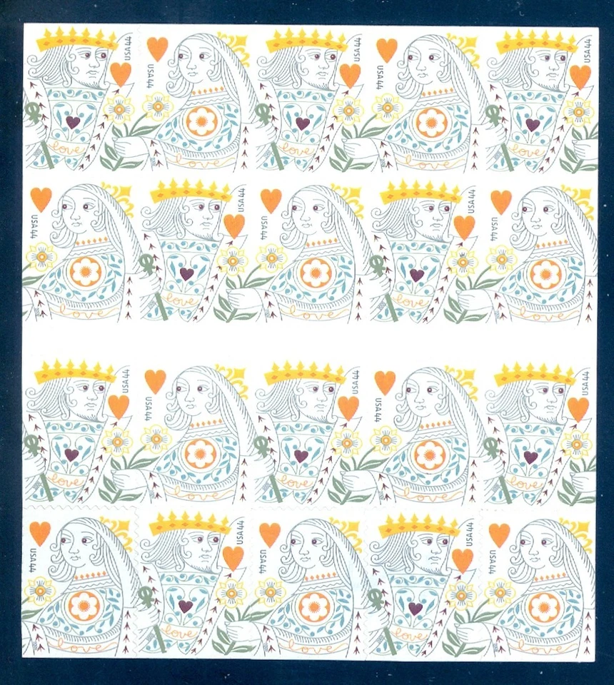 US 4404-4405 Rey y Reina de Corazones, Panel Completo/20, MNH. Luz UV reactiva Foto 1 de 1