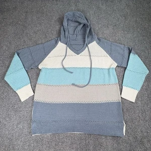Boho Knit Hoodie Sweater Women 2XL Blue Striped Coastal Cottagecore Festival - Picture 1 of 10
