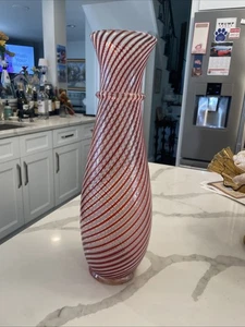 "Jarrón de cristal de Murano con bastones de zanfirico rojo y blanco vintage 15,5""/ base de lámpara" - Imagen 1 de 7