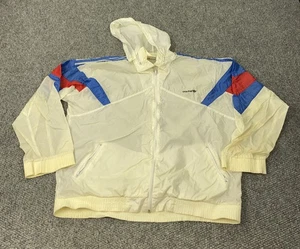 Vintage Adidas Jacket Mens XL White Blue Red Hooded Windbreaker Nylon 80s 90s - Picture 1 of 16
