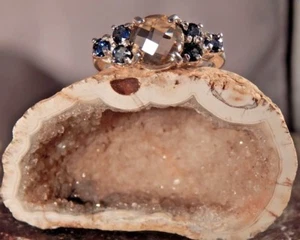 1,99 quilates Anillo redondo de cuarzo ahumado y zafiro de plata esterlina de corte rosa - Imagen 1 de 7