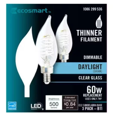 ECOSMART 7W 60W Replacement’s LED Dimmable E12 Candelabra Base 6 Pack- B11 - Image 1 of 2