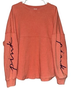 Victorias Secret PINK Varsity Crew Sweatshirt Oversized Baggy Sz M Medium Peach - Picture 1 of 6