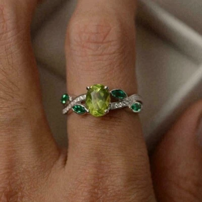 2 Ct Oval Cut Lab -Created Peridot Engagement Women's Ring 14K White Gold Plated - Image 1 of 4
