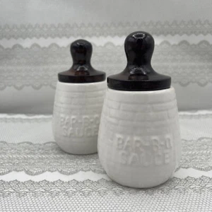 Vtg Taiwan Pottery Bar BQsauce Canister W/brush Wood Lid 2 Pc - Picture 1 of 14