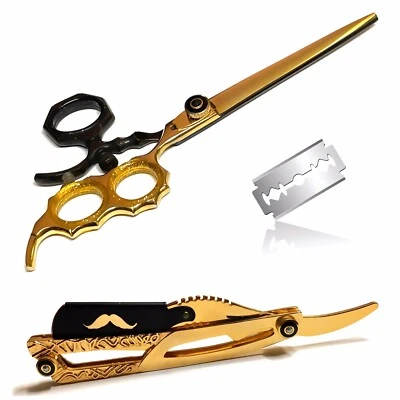 Scissor Set with Barber Razor - J420 Japanese Steel Long Sharp Blades Black Gold - Image 1 of 4