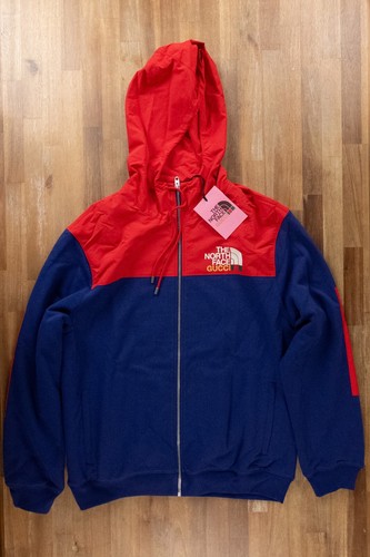 Giacca track GUCCI x THE NORTH FACE blu e rossa stampa logo cerniera media autentica