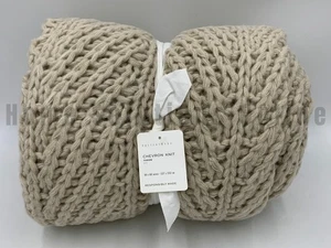 Pottery Barn Chevron Knitted Chunky Throw Blanket Oatmeal Beige 50" x 60" #U1048 - Picture 1 of 4