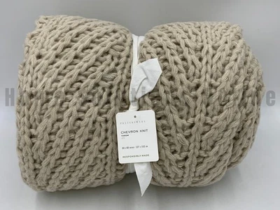 Pottery Barn Chevron Knitted Chunky Throw Blanket Oatmeal Beige 50" x 60" #U1048 - Image 1 of 4