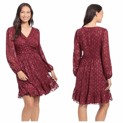 London Times Womens Petite V-Neck Dress Red Metallic Sz 8P Ruched Waist Tiered  - Image 1 of 4