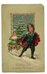 Bambini con slitta, Auguri Buon Natale, Cartolina d'epoca - Foto 1 di 2