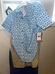 Eddie Bauer Boys 2-Piece Outfit Size 6 NWT –Blue Button Shirt & Khaki Shorts Set - Picture 1 of 2