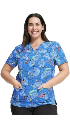 Aladdin Genie Cherokee Scrubs Tooniforms Disney Unisex V Neck Top Size XS - Image 1 of 4