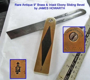 Rare Antique 9" Brass & Inlaid Ebony Sliding Bevel by JAMES HOWARTH - Picture 1 of 5