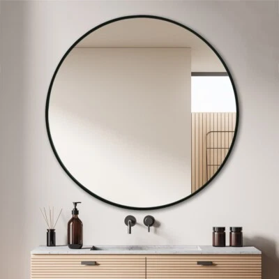 Black Round Mirror 100cm Aluminium Frame Modern Decor Living Room Bathroom Wall - image 1 of 4
