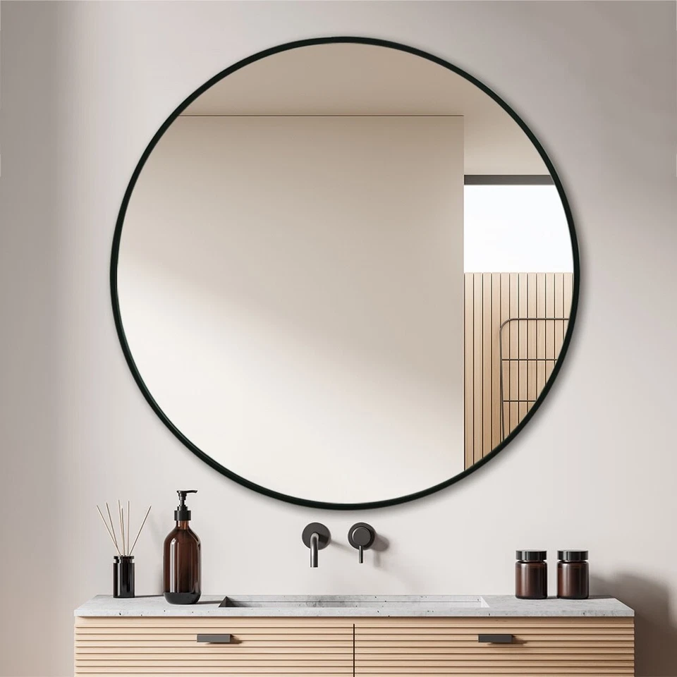 Black Round Mirror 100cm Aluminium Frame Modern Decor Living Room Bathroom Wall - image 1 of 4