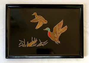 Vintage Couroc Monterey Two Flying Ducks Inlaid Black Serving Tray 18" x 12.5" - Picture 1 of 4