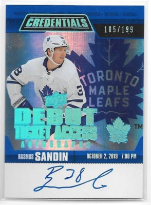 2019-20 Upper Deck Credentials Debut Ticket Autograph #RTAARS Rasmus Sandin /199 - Image 1 of 2