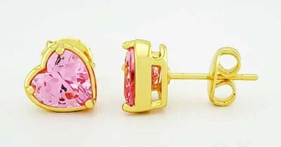 LAB-CREATED 2.94 Cts PINK SAPPHIRE STUD EARRINGS 14K YELLOW GOLD PLATED - NWT - Image 1 of 4