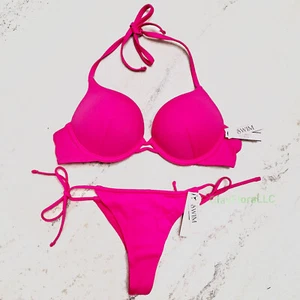 New Victoria's Secret BOMBSHELL Push Up SWIM SET hot pink itsy thong bottom 5TRG - Picture 1 of 18