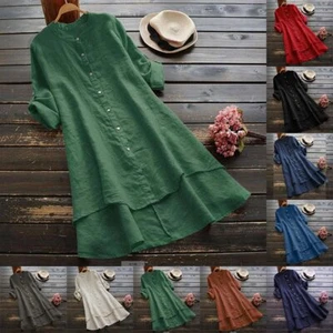 Plus Size Womens Cotton Linen Shirt Dress Ladies Loose Long Tunic Tops Blouse US - Picture 1 of 32