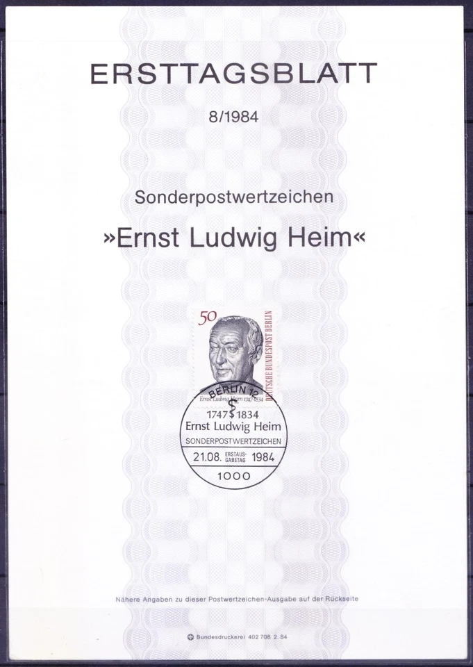 Berlin 1984 FDS, ETB, Dr. Ernst Ludwig Heim, medical pioneer - Image 1 of 1