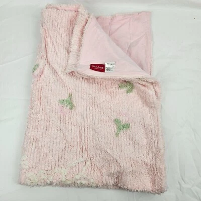 Vintage Amy Coe Chenille Baby Girl Blanket Pink Green Bunny Flower 40x30" - Image 1 of 3