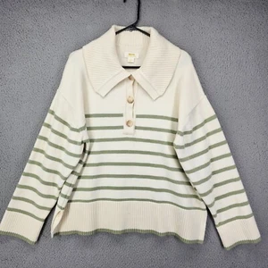 Maeve Anthropologie Henley Pullover Sweater Womens Large Cream Green Striped - Picture 1 of 10