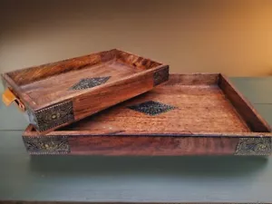 Rustic Serving Wooden Tray Set of 2 for coffee table for Home Decor with Brass - Picture 1 of 8