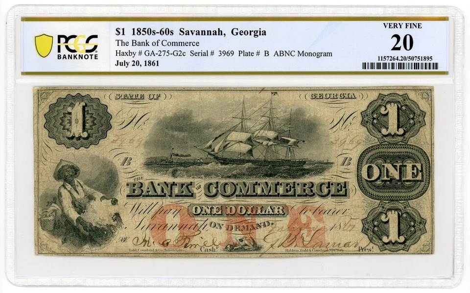 1861 $1 The Bank of Commerce - Savannah, GEORGIA Note PCGS VF 20 - Image 1 of 2