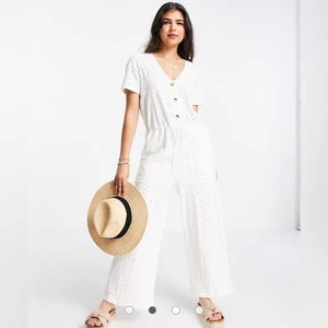 ASOS Women's White Broderie Jumpsuit Size 8 Button Front - Picture 1 of 10