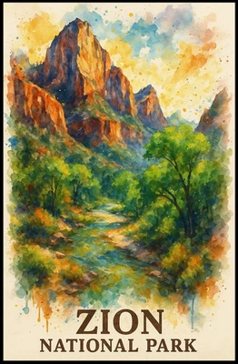 Póster de arte de paisaje en acuarela del Parque Nacional Zion Foto 1 de 4