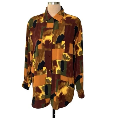 Blusa Le Caviar Mujer Cuello Medio Abotonada Top Marrón Verde Abstracto Años 90 Foto 1 de 4