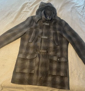 INC International Concepts Duffle Coat Mens Sz  XXL Plaid Black Grey Wool Retro - Picture 1 of 6