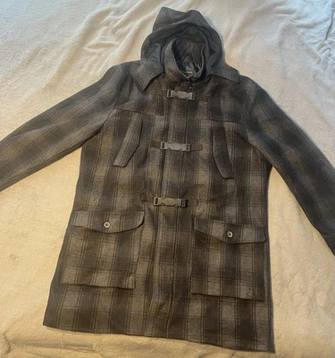 INC International Concepts Duffle Coat Mens Sz  XXL Plaid Black Grey Wool Retro - Image 1 of 4
