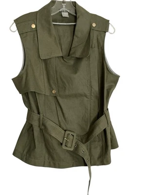 Venus Olive Army Green Military Grunge Camo Sz 14 Vest Full Zip Belted Linen - Image 1 of 4