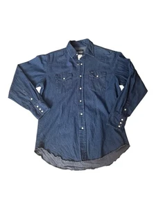 Vintage Wrangler Western Pearl Snap Men’s L Work Blue Denim Button Up Down Shirt - Picture 1 of 9