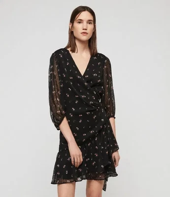 Vestido envolvente AllSaints Jade Aster negro floral con volantes texturizado - talla S 6 8 PVP148 Foto 1 de 4