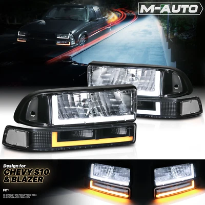 [LED RUNNING LIGHT BAR]4PC L+R Black Headlight+Bumper for 1998-2004 Chevy Blazer - Image 1 of 4
