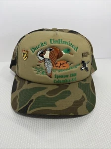 VTG Ducks Unlimited Camo Mesh Trucker Embroidered Sponsor Hat With Pins 1986 - Picture 1 of 12