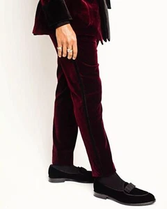 Burgundy Mens Velvet Pants Business  Pants Custom Wedding Pants - Picture 1 of 6
