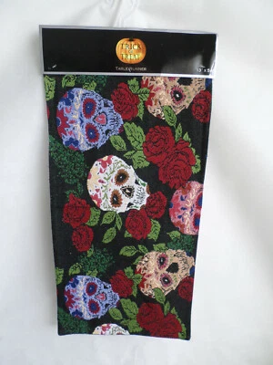 Skulls and Roses Table Runner Day of the Dead on Black 13" x 54" Halloween NEW - Image 1 of 4