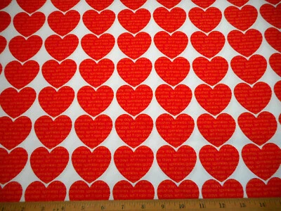 Tela de San Valentín por yarda VENTA Corazones rojos con palabras en blanco algodón premium C Foto 1 de 3