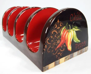 TRE SORELLE STUDIOS CERAMIC TACO SERVER HOLDER CHILI PEPPER FLEUR DE LIS PAINTED - Picture 1 of 8