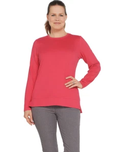 Denim & Co Large Lux Jersey Long-Sleeve Crew-Neck Top Hi-Low Hem Warm Pink L - Picture 1 of 7