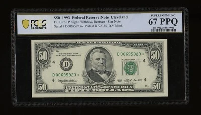 DBR 1993 $50 Cleveland STAR Fr. 2125-D* SuperGem PCGS-B 67 PPQ Serial D00695923* - Image 1 of 2