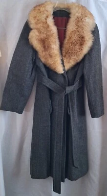 Vtg Women's Meri K Gray Heavy Wool Coat Faux Fur Collar Belted  Lined Size M?  - Image 1 of 4