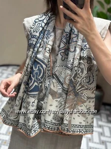 70% Cashmere & 30% Silk Wrap Scarf Knight Print Double Face Shawl 53" Beige/Teal - Picture 1 of 10