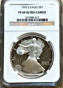 1992 S PROOF SILVER EAGLE NGC PF 69 ULTRA CAMEO EDGE VIEW ⭐321⭐V71⭐ - Picture 1 of 4
